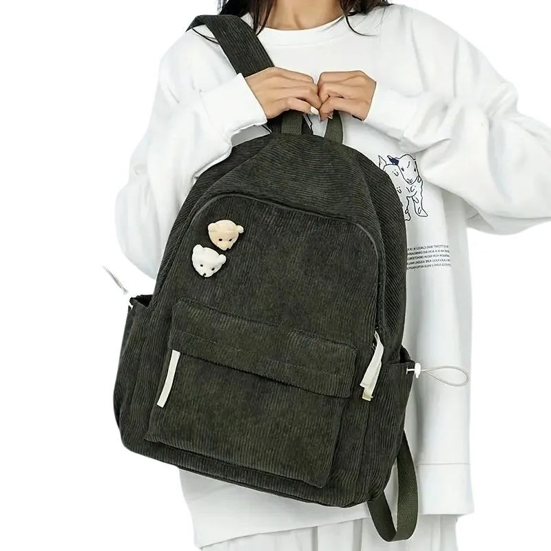 Sac à Dos Velours Côtelé Vert avec Oursons